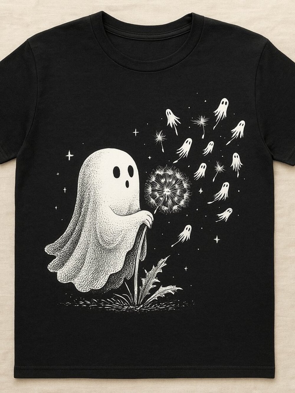 Cute Ghost Blowing Dandelion Wishes Graphic Tee